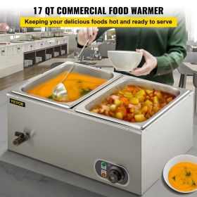 VEVOR 110V 2-Pan Commercial Food Warmer 850W Electric Steam Table 15cm/6inch Deep Stainless Steel Bain Marie 17 Quart for Buffet Catering, Silver